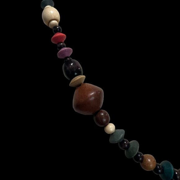 Retro Multicolor Beaded Necklace Natural Wood & Resin Artisan Boho Chic Festival - Picture 4 of 6